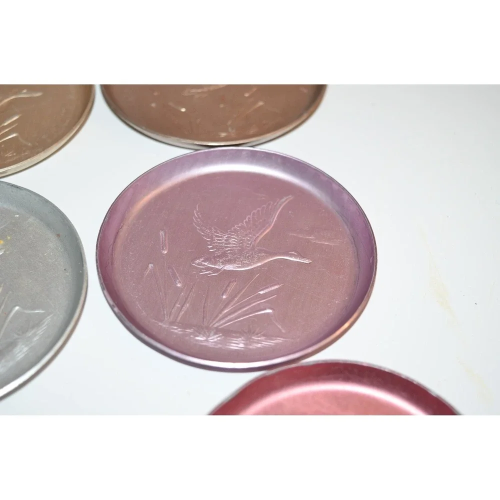 Vtg 6 pc set Ducks Flying‎ Over Cattails Embossed Aluminum Coasters